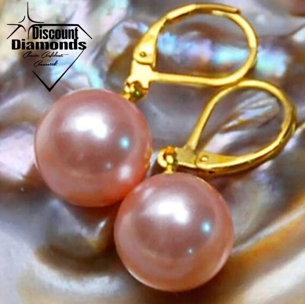 South Sea Shell 8mm Pink Pearl Leverback Earrings on 14K Gold over 925 Sterling